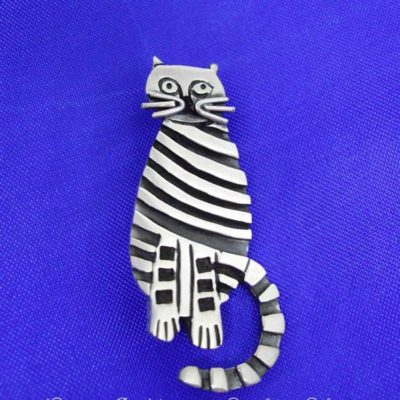 Stripy Cat Brooch, Sterling Silver with Oxidised Detail