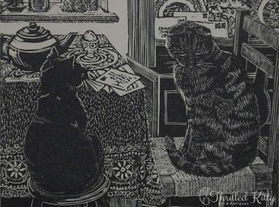 ‘Breakfast Cats’ by Hilary Whyard | Wood Engraving | 1980s