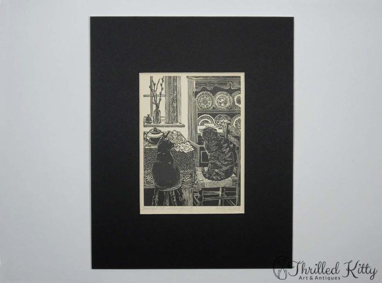 Breakfast Cats by Hilary Whyard-Wood Engraving-1980s-2