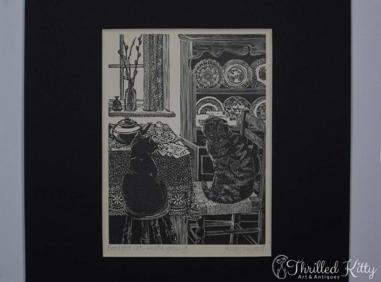 Breakfast Cats by Hilary Whyard-Wood Engraving-1980s-4