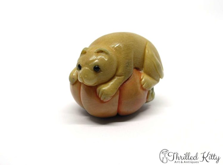 Carved Tagua Nut Katabori Netsuke-Cat on a Pumpkin-1