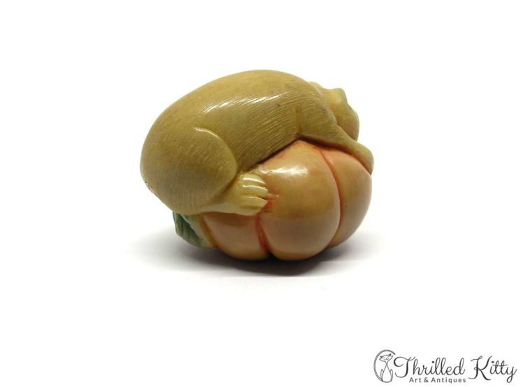 Carved Tagua Nut Katabori Netsuke-Cat on a Pumpkin-3