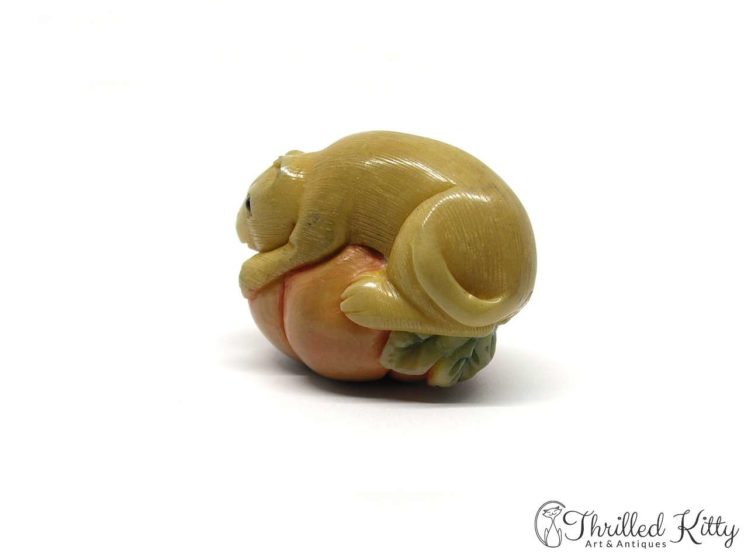 Carved Tagua Nut Katabori Netsuke-Cat on a Pumpkin-4