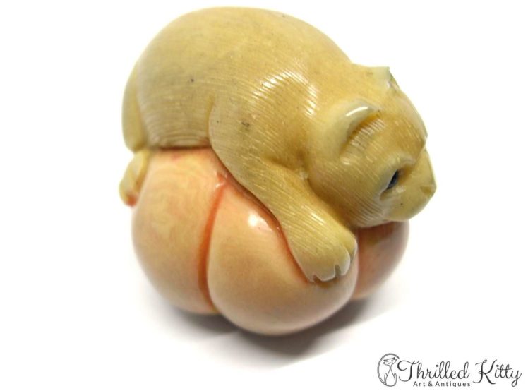 Carved Tagua Nut Katabori Netsuke-Cat on a Pumpkin-9