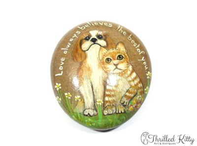 Hand-painted Cat & Dog Stone Paperweight | Signed H.L. Thompson