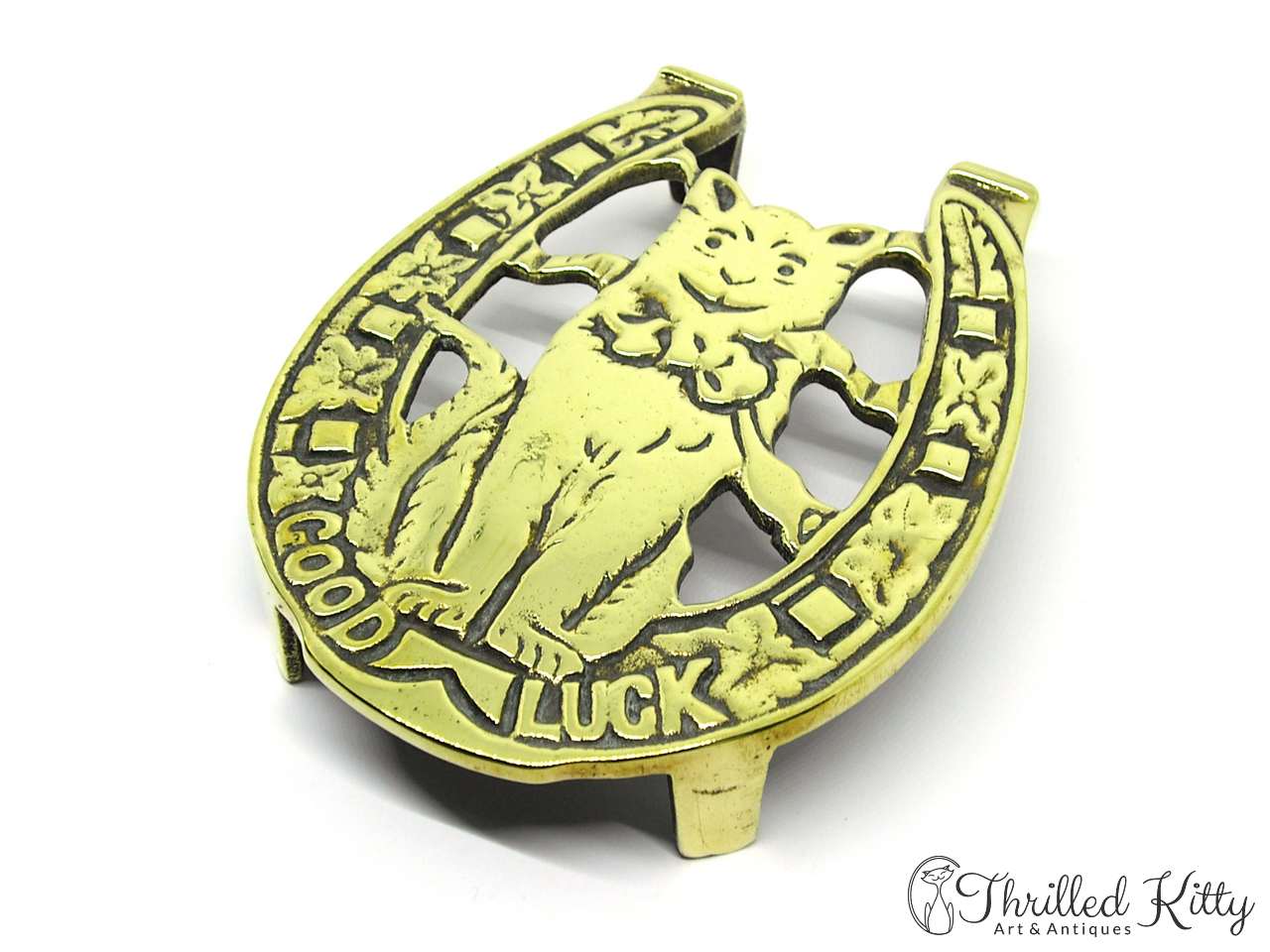 Solid Brass Trivet or Pot Stand | Good Luck Cat | 1920s