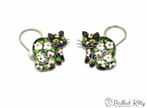 Vintage Floral Cat Drop Earrings | Cloisonné on Sterling Silver