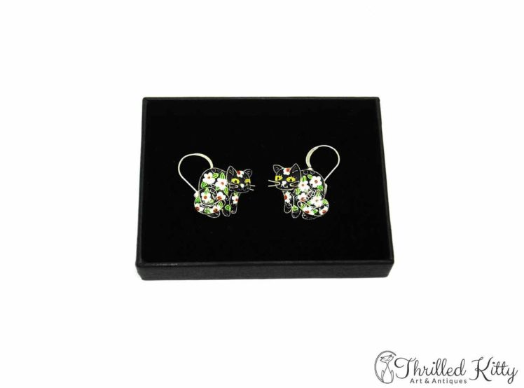 Vintage Floral Cat Drop Earrings Cloisonné on Sterling Silver 4